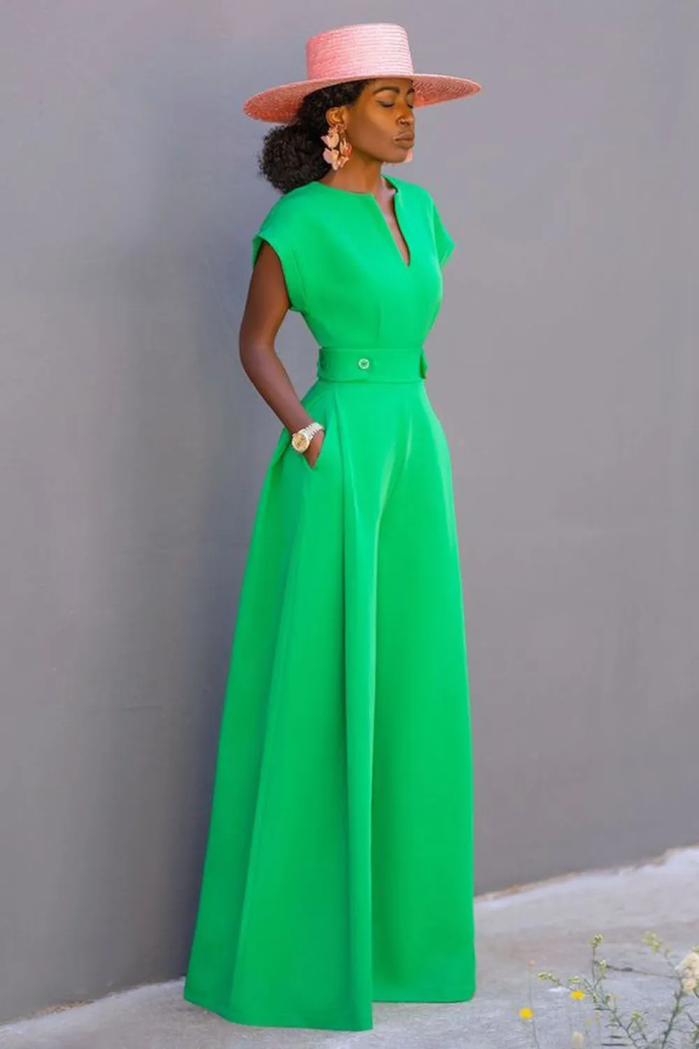 Bat-Wing Sleeve Notched Neck Cinched Wide Leg Jumpsuit-Green [Pre Order]
