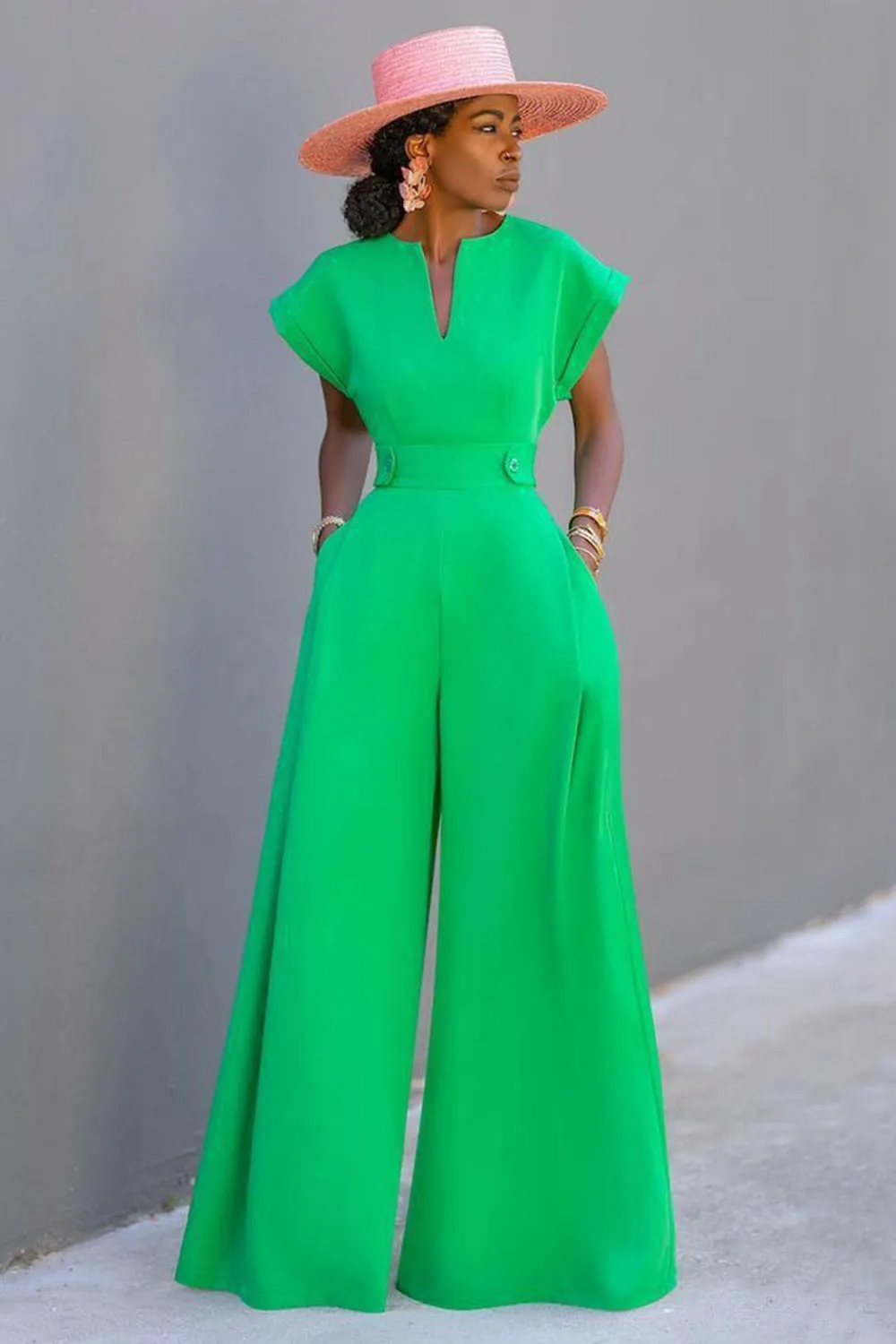 Bat-Wing Sleeve Notched Neck Cinched Wide Leg Jumpsuit-Green [Pre Order]