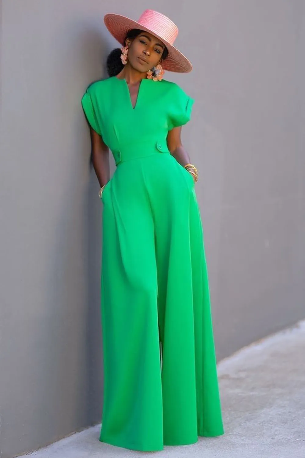 Bat-Wing Sleeve Notched Neck Cinched Wide Leg Jumpsuit-Green [Pre Order]