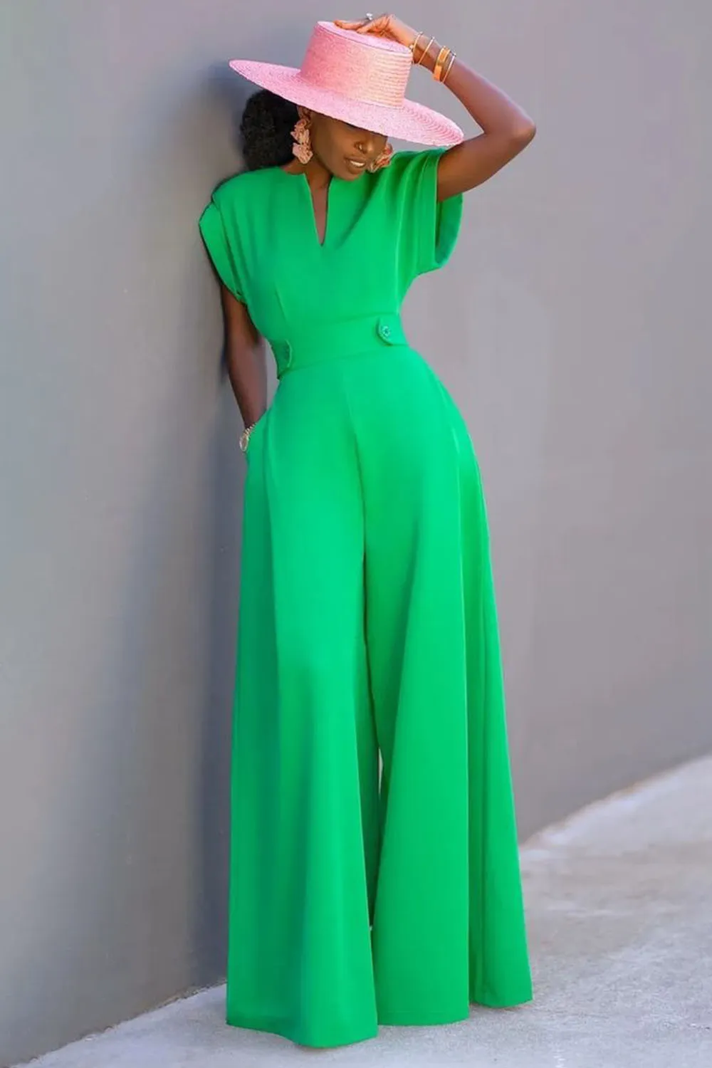 Bat-Wing Sleeve Notched Neck Cinched Wide Leg Jumpsuit-Green [Pre Order]