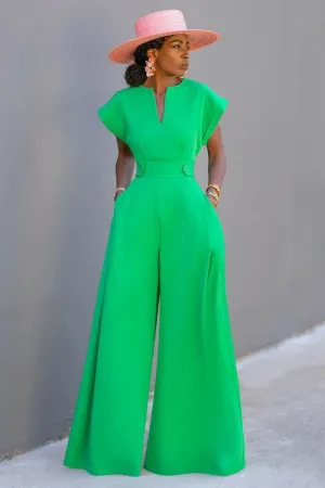 Bat-Wing Sleeve Notched Neck Cinched Wide Leg Jumpsuit-Green [Pre Order]