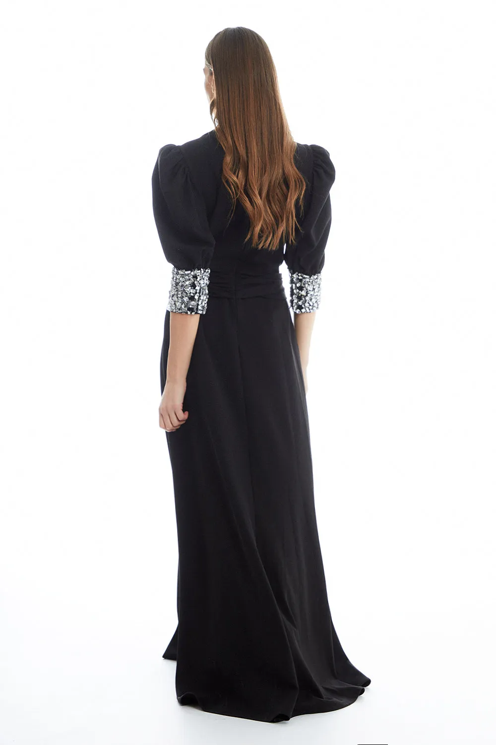 Beaded Cuff Plunge Maxi Dress