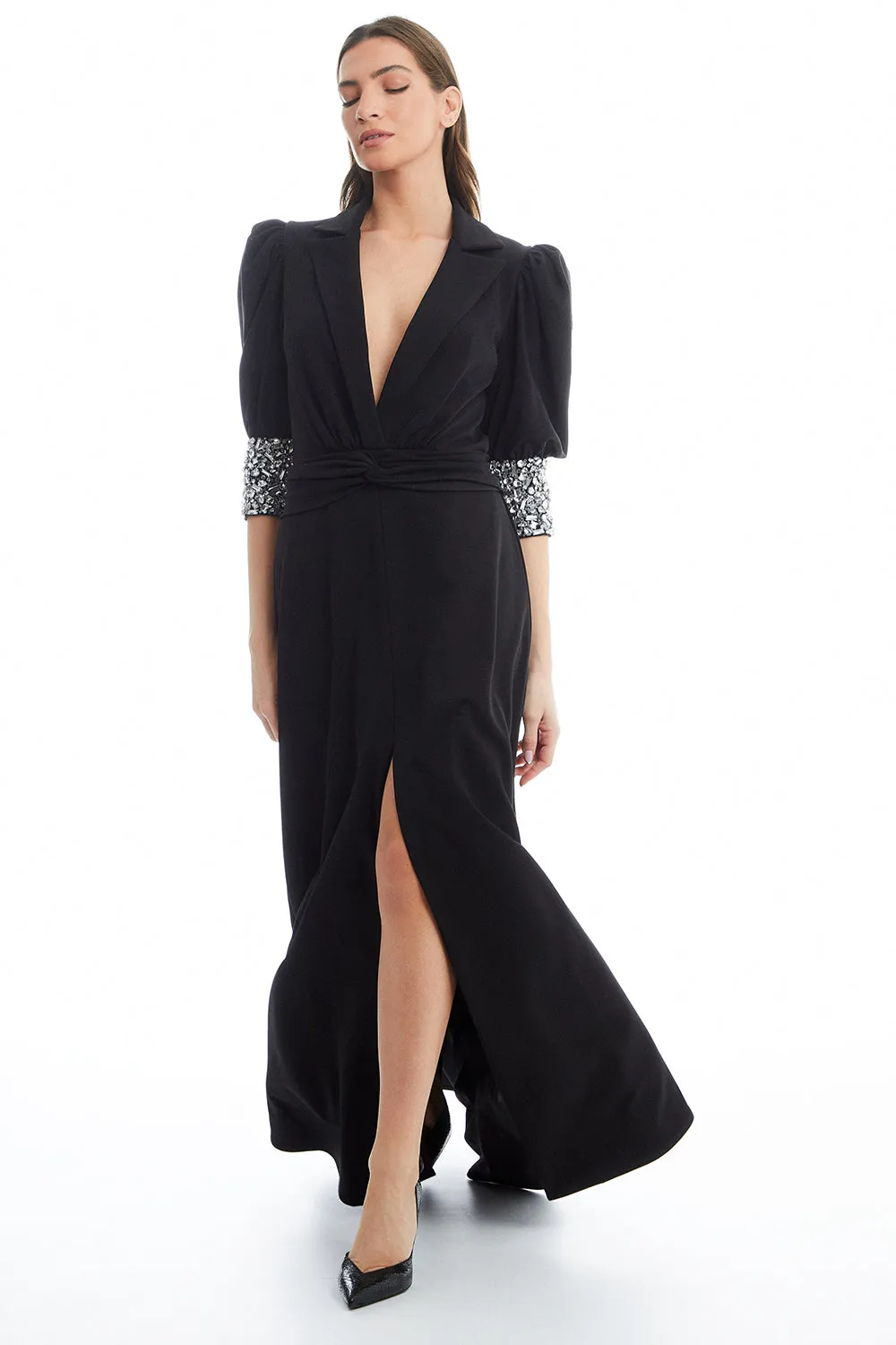 Beaded Cuff Plunge Maxi Dress