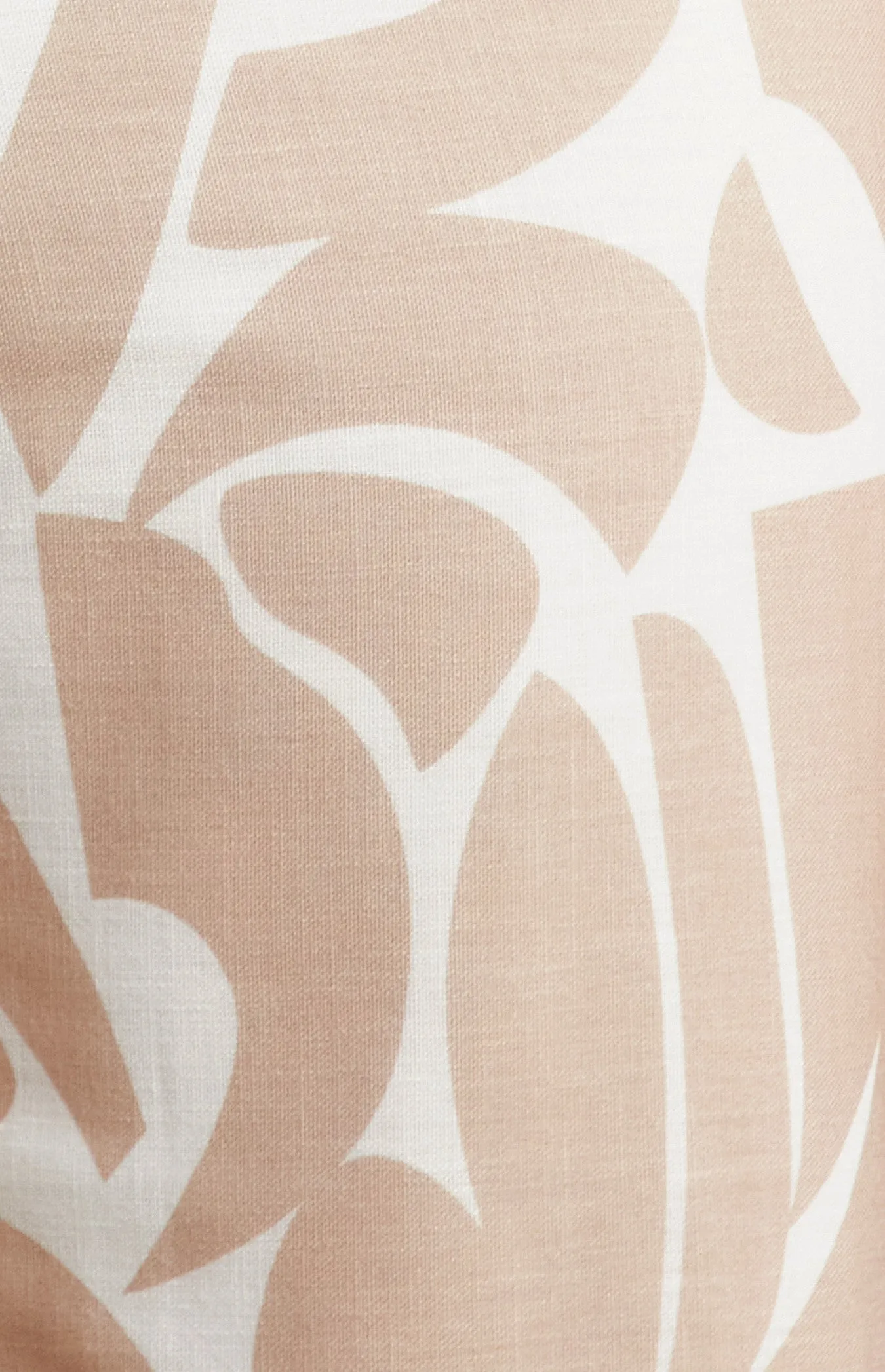 Beige & White Faux Linen Placement Print Jumpsuit with Shirred Waist