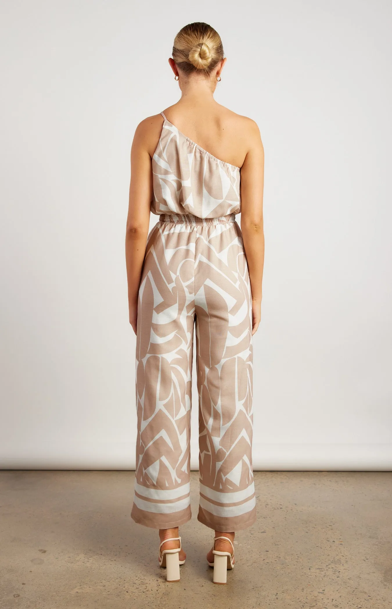 Beige & White Faux Linen Placement Print Jumpsuit with Shirred Waist