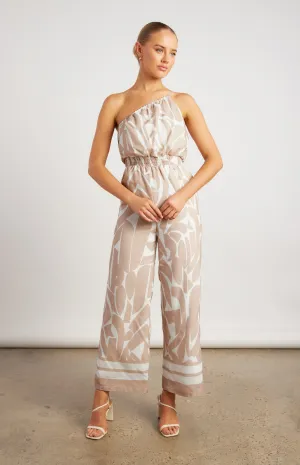 Beige & White Faux Linen Placement Print Jumpsuit with Shirred Waist