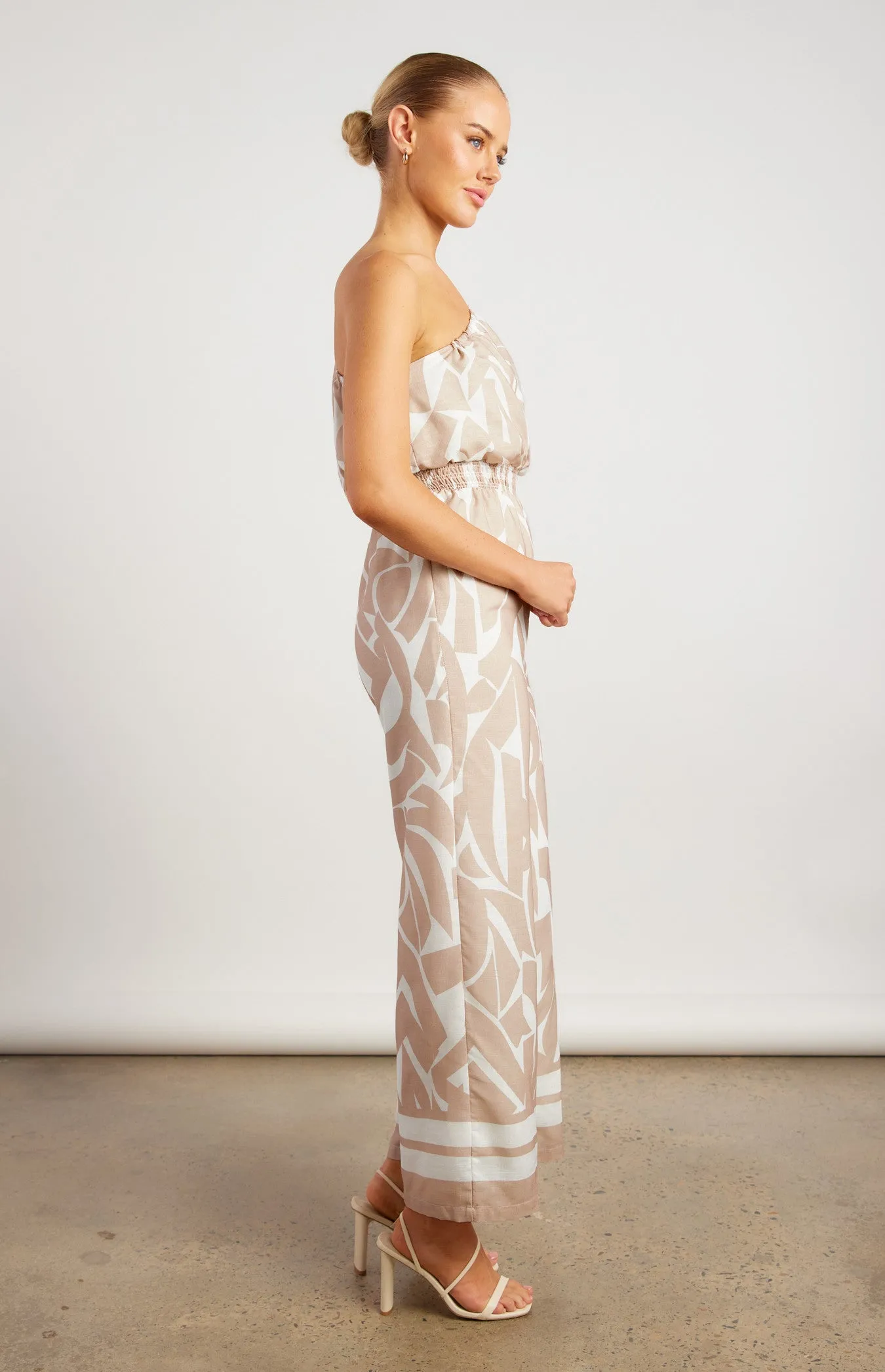 Beige & White Faux Linen Placement Print Jumpsuit with Shirred Waist