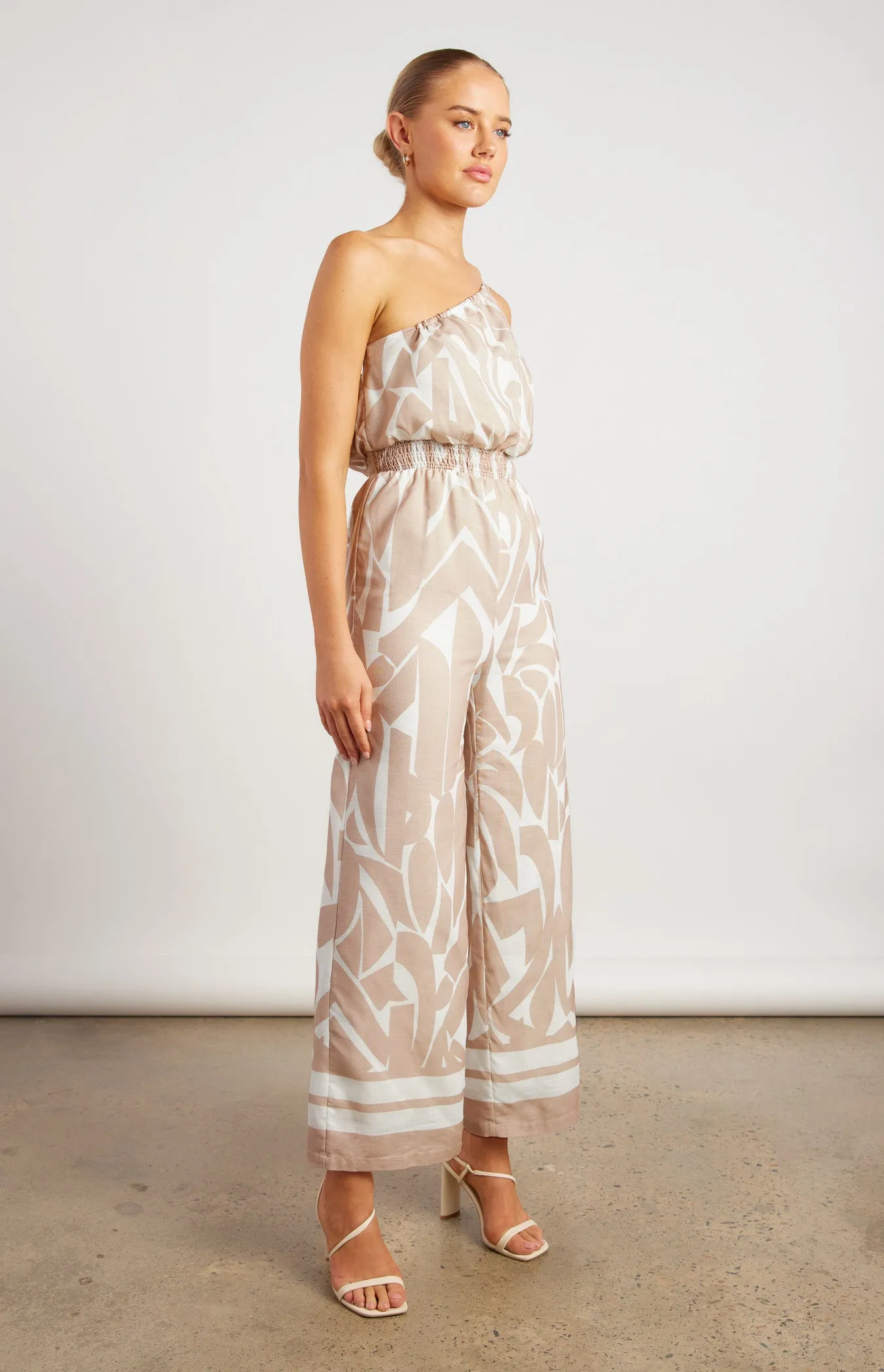Beige & White Faux Linen Placement Print Jumpsuit with Shirred Waist