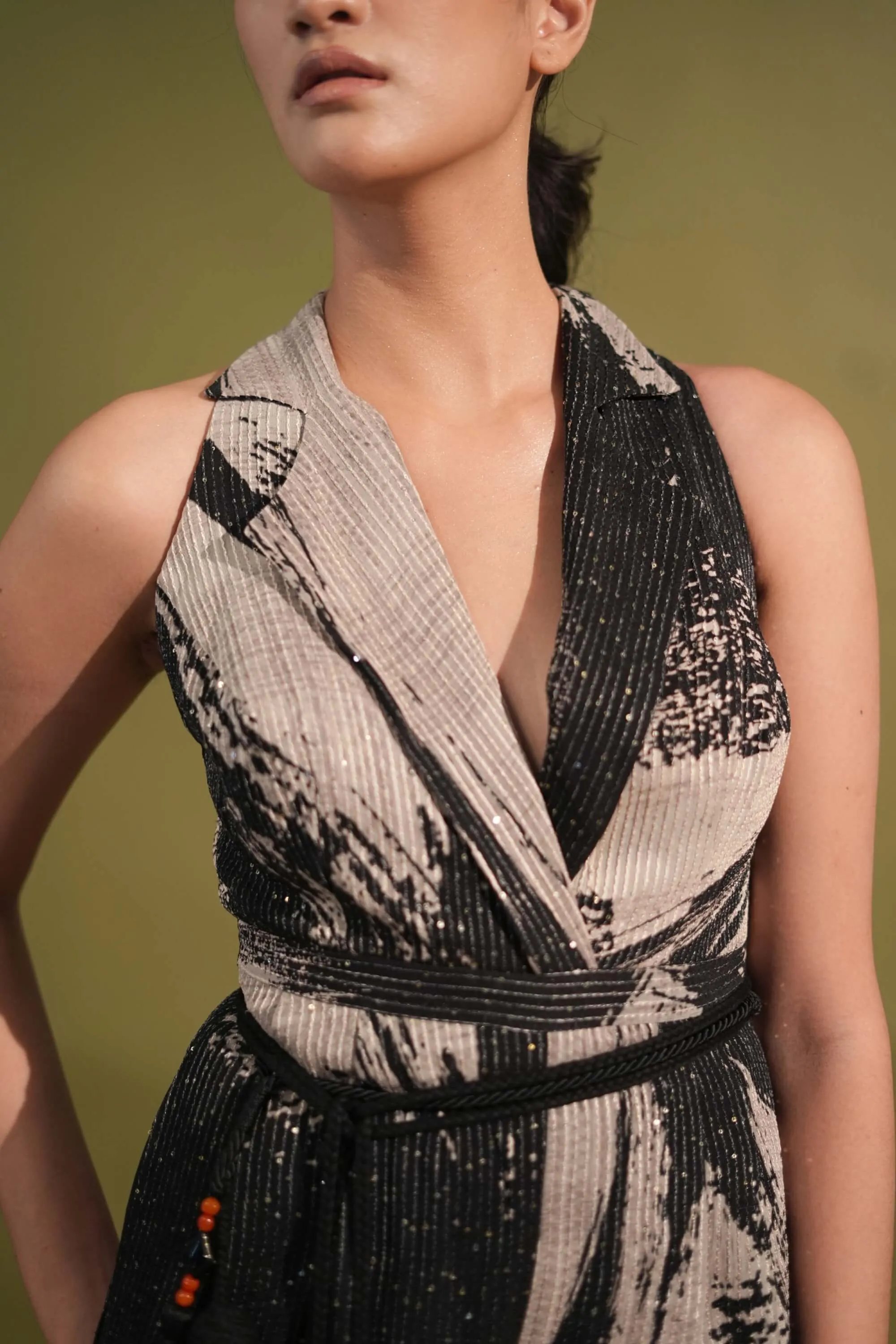 Black & white stroke print jumpsuit sari