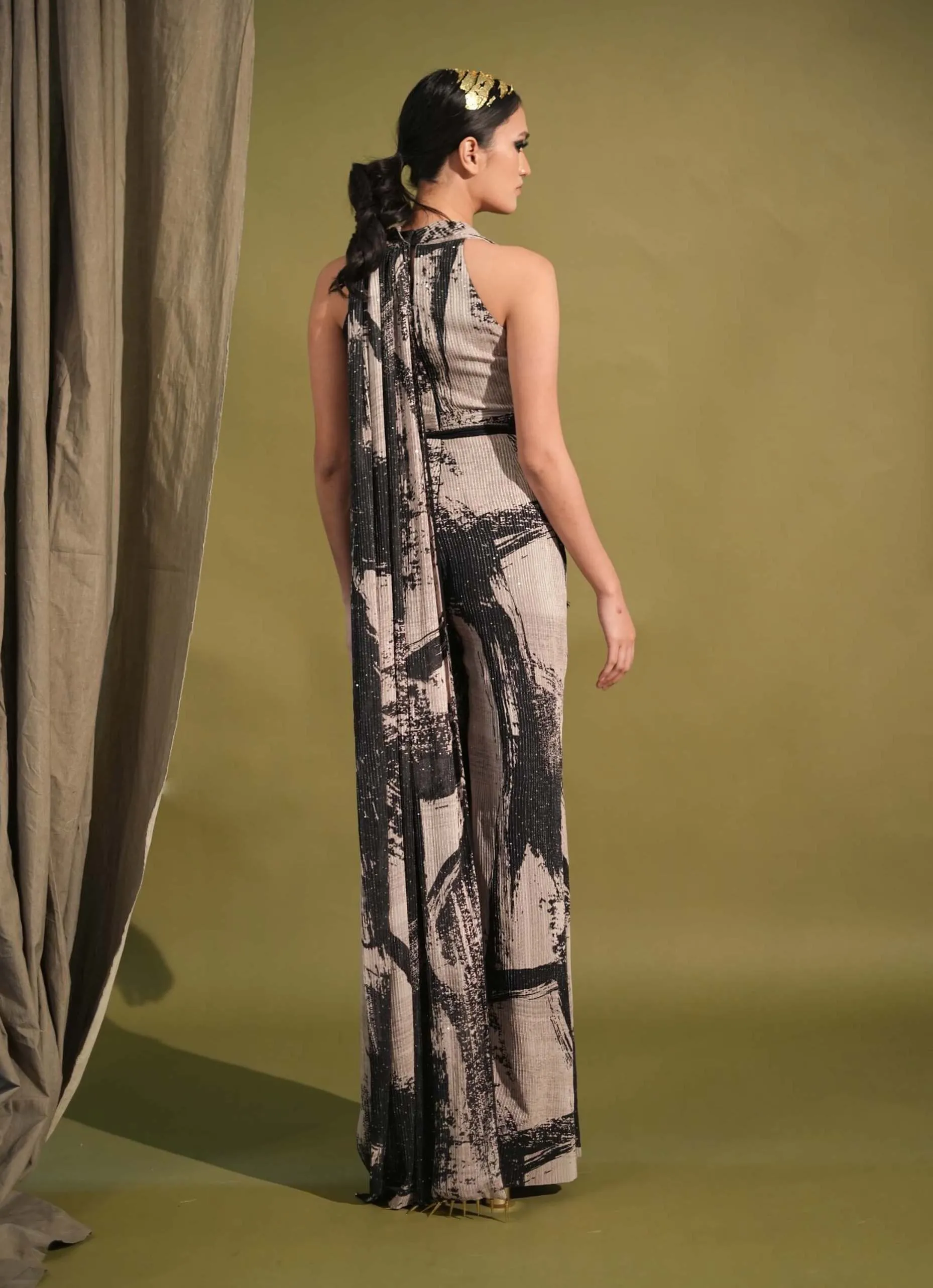 Black & white stroke print jumpsuit sari
