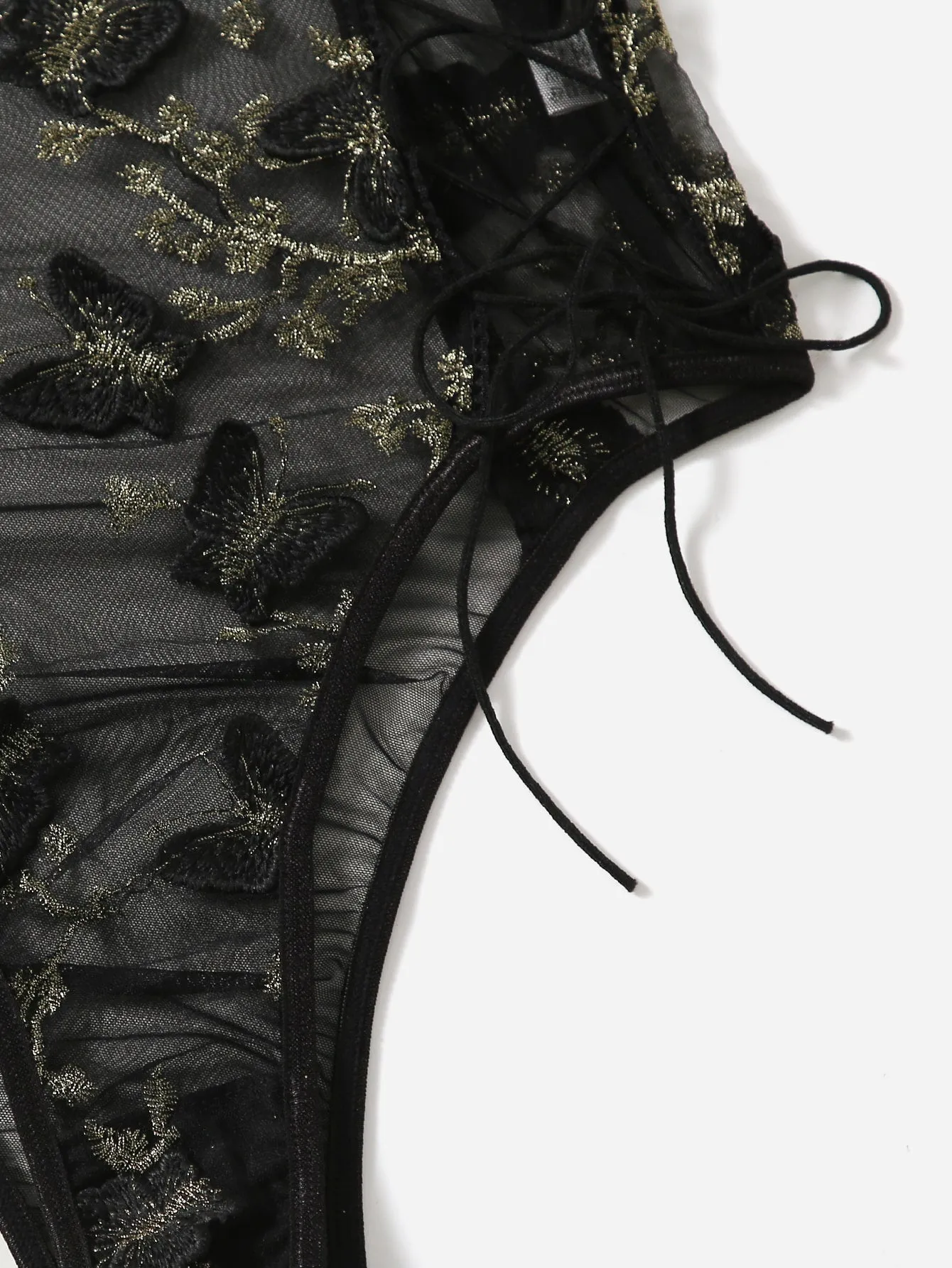 Black Embroidered Mesh Lace-up Teddy Bodysuit
