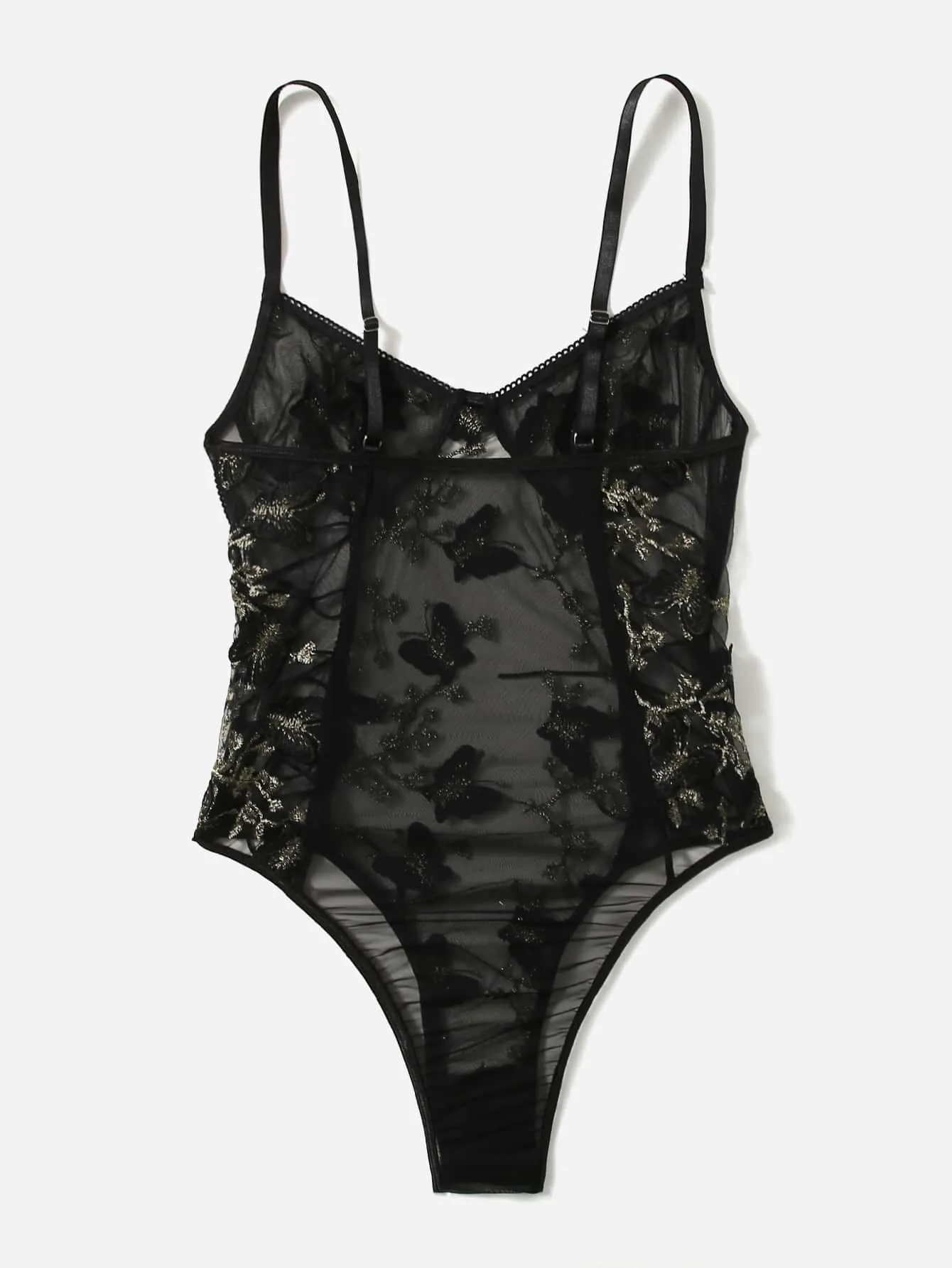 Black Embroidered Mesh Lace-up Teddy Bodysuit