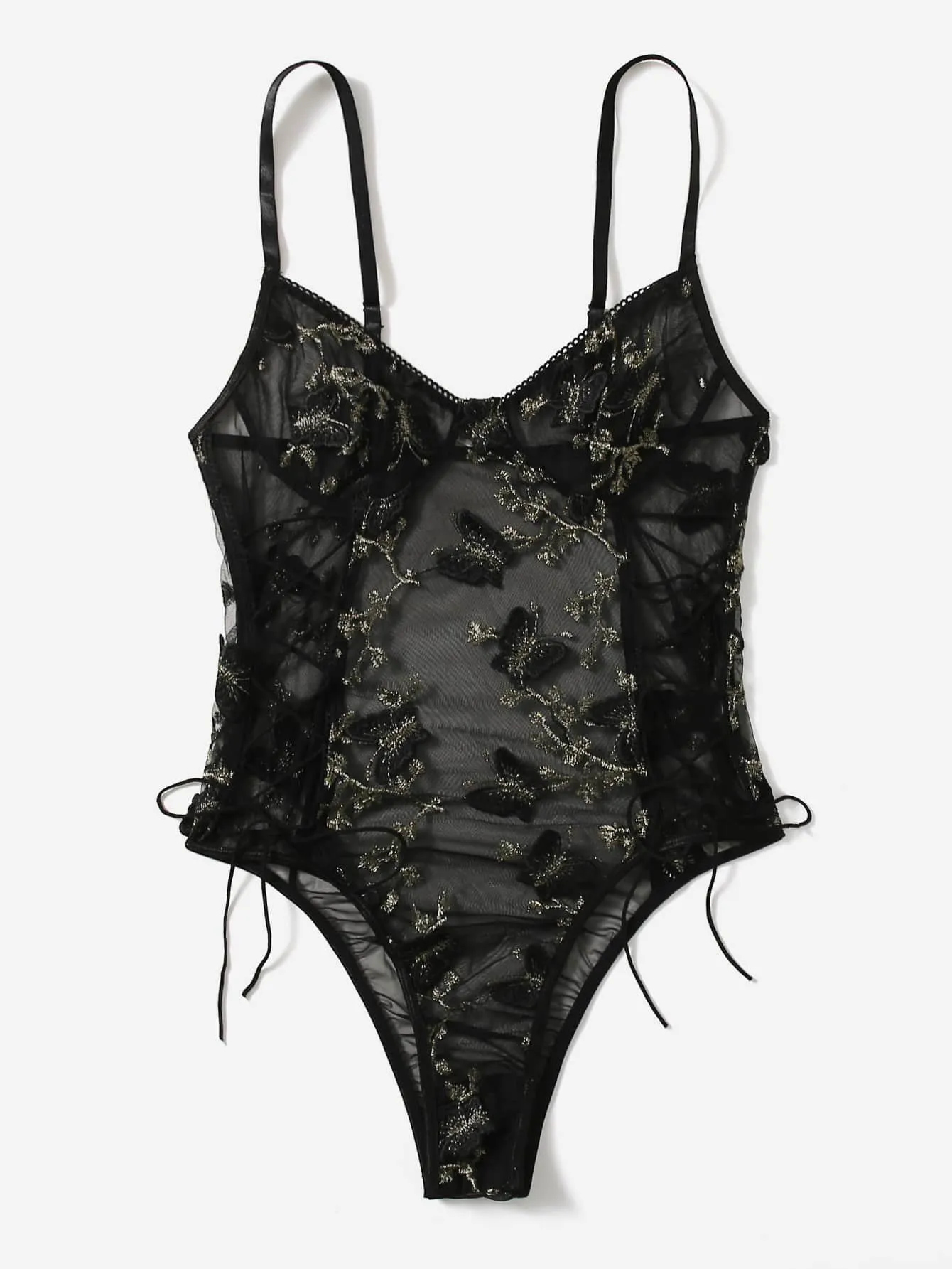 Black Embroidered Mesh Lace-up Teddy Bodysuit