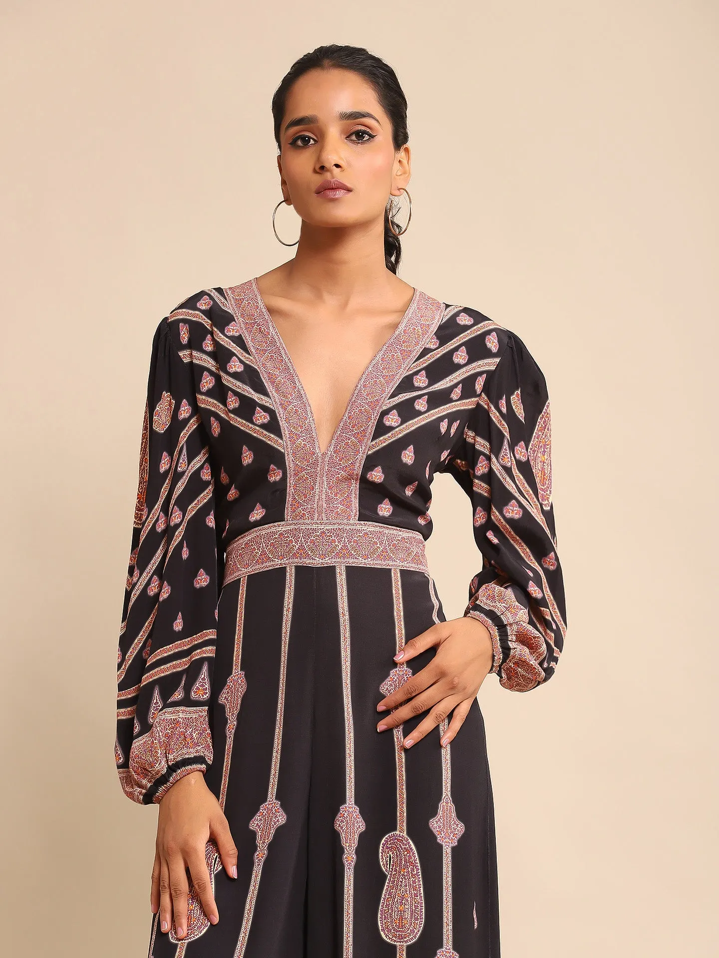 Black printed crepe jumpsuit