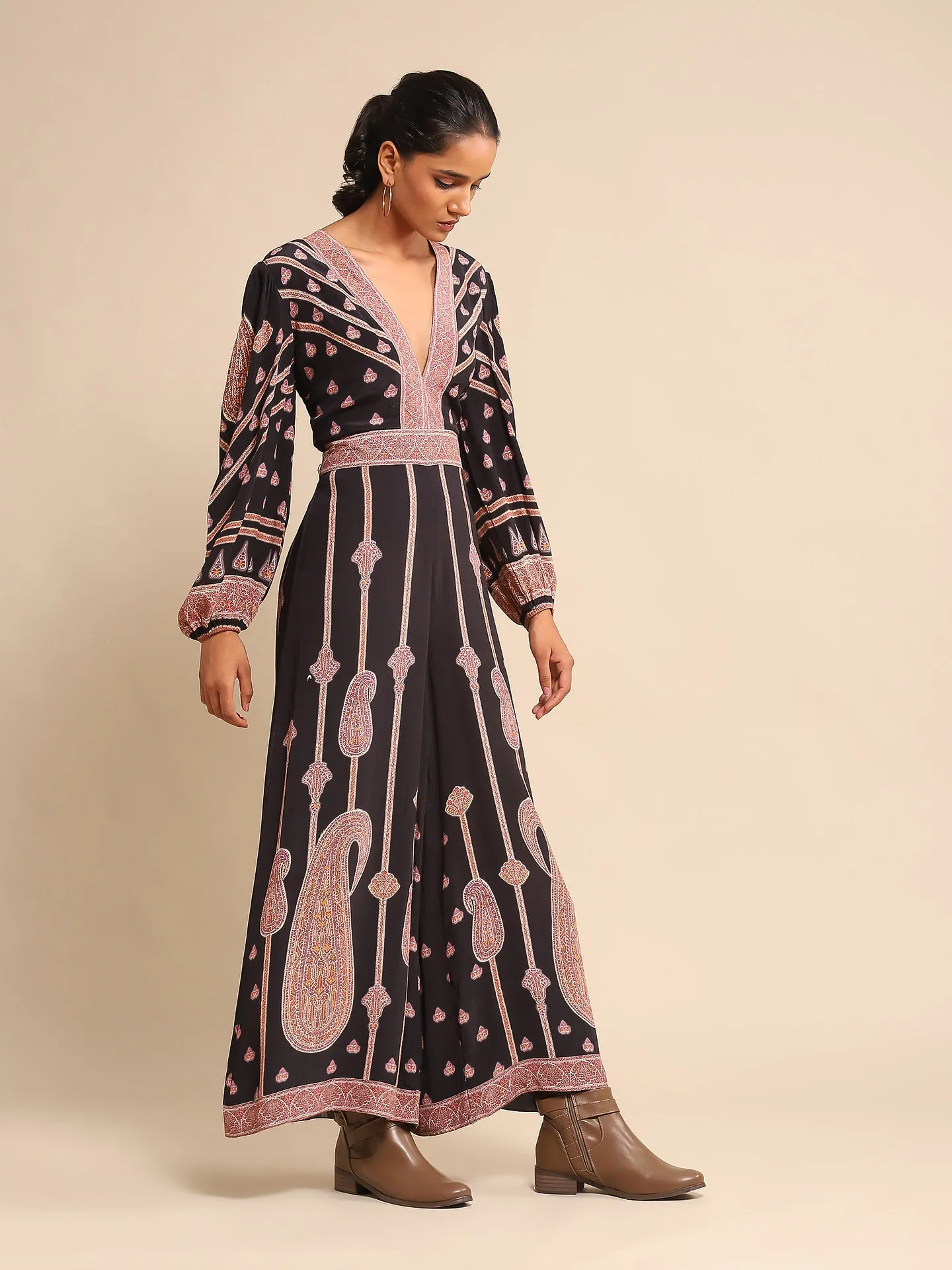Black printed crepe jumpsuit