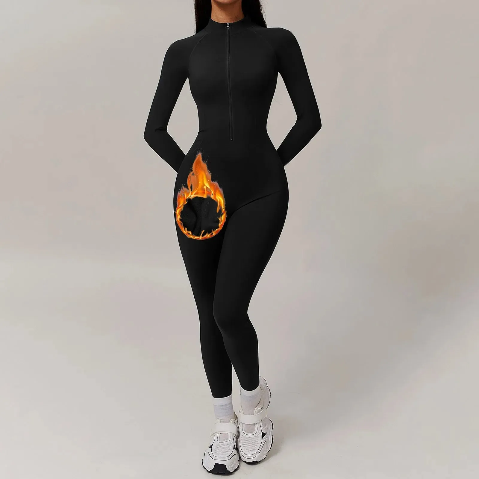 Black Slim Fleece Lined Women Bodysuit Autumn Winter Warm Long Sleeve Full Zip Turtleneck Tight Jumpsuit Sport Fitness Rompers
