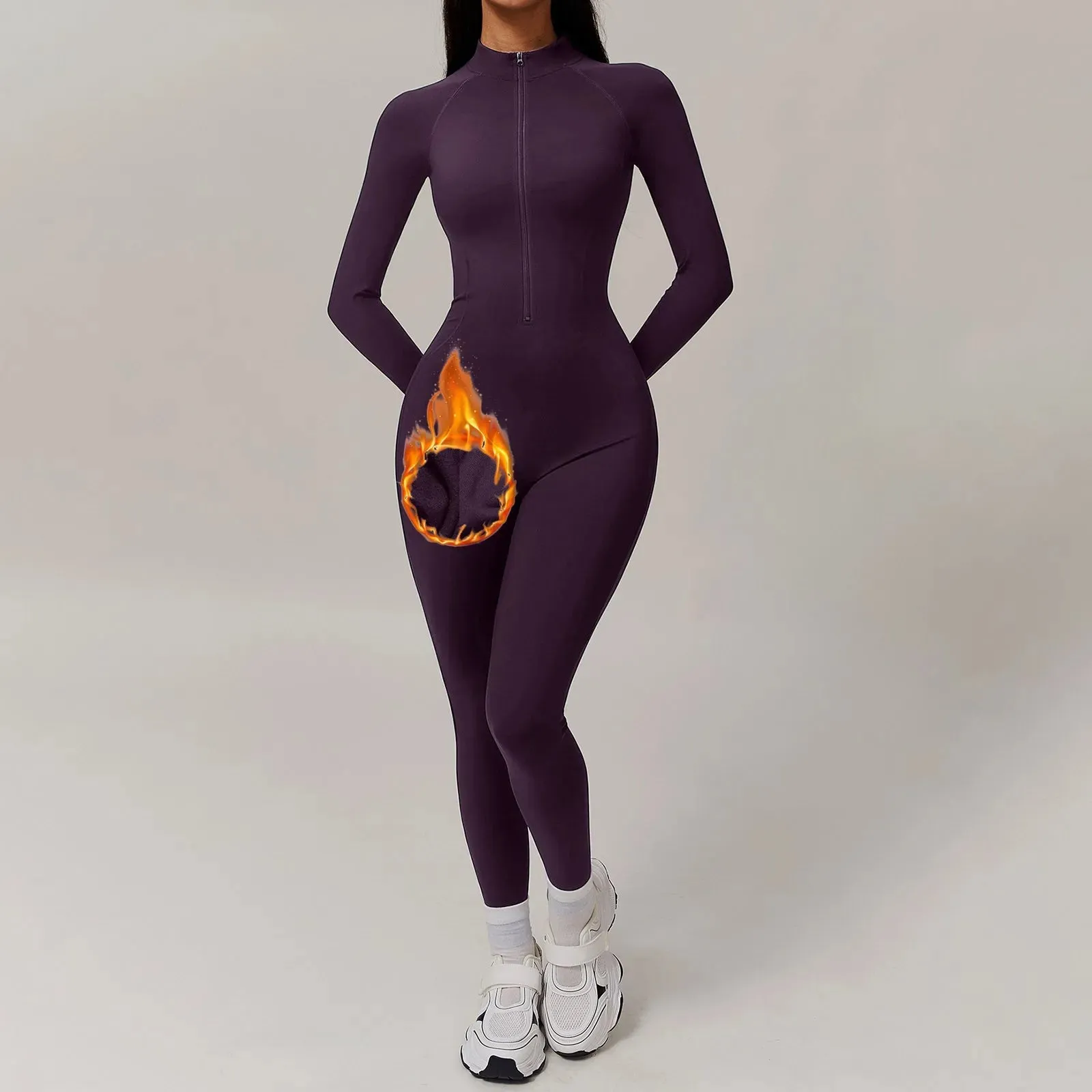 Black Slim Fleece Lined Women Bodysuit Autumn Winter Warm Long Sleeve Full Zip Turtleneck Tight Jumpsuit Sport Fitness Rompers