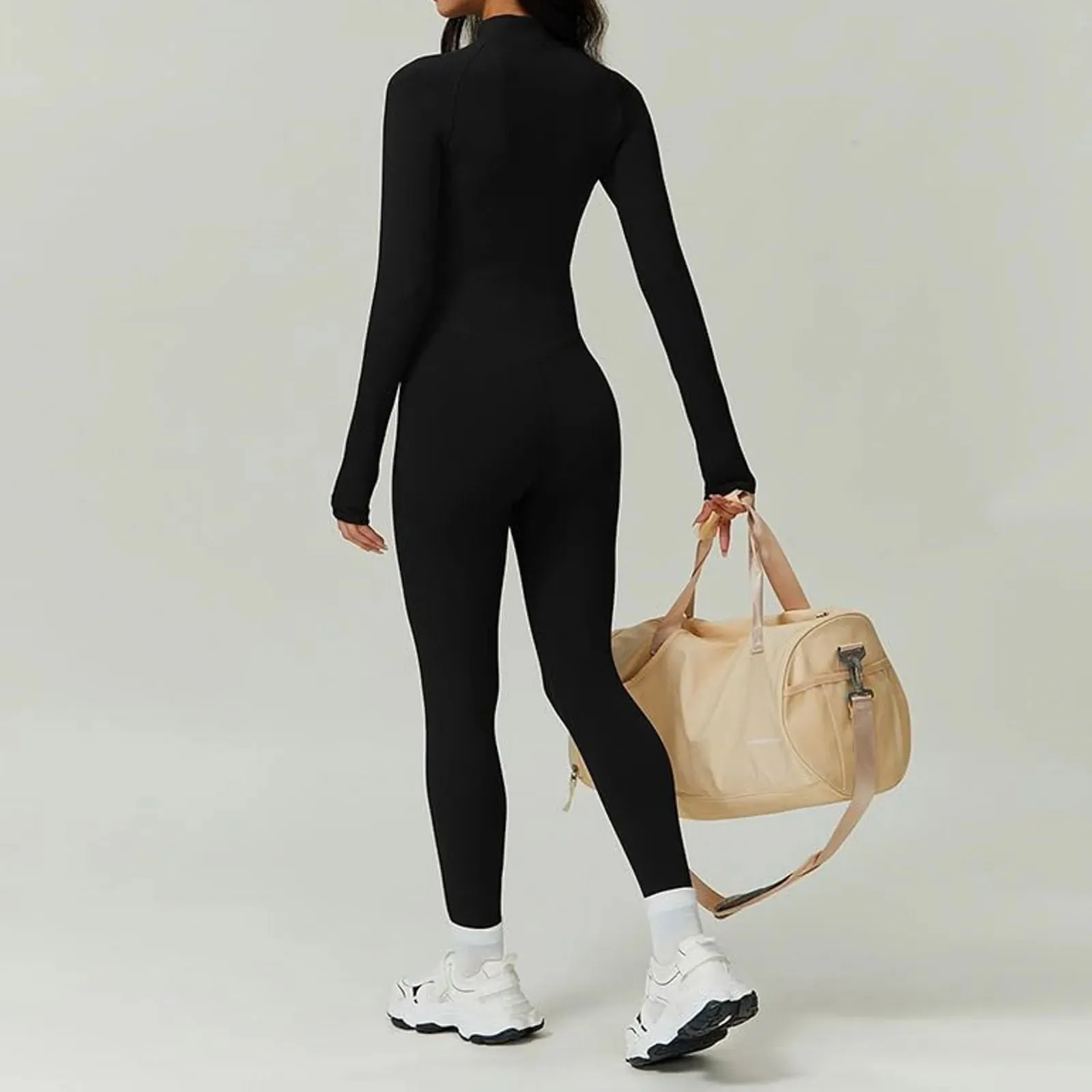 Black Slim Fleece Lined Women Bodysuit Autumn Winter Warm Long Sleeve Full Zip Turtleneck Tight Jumpsuit Sport Fitness Rompers