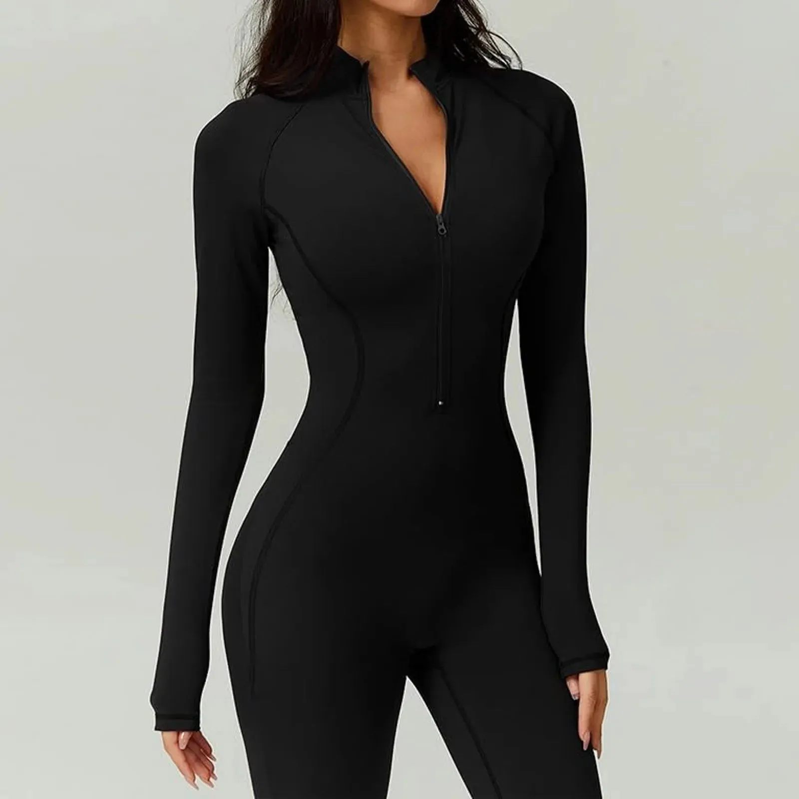 Black Slim Fleece Lined Women Bodysuit Autumn Winter Warm Long Sleeve Full Zip Turtleneck Tight Jumpsuit Sport Fitness Rompers
