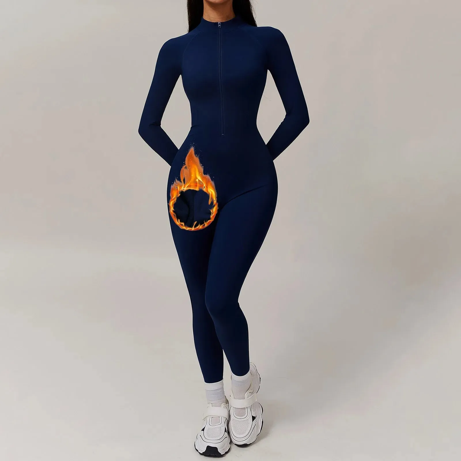 Black Slim Fleece Lined Women Bodysuit Autumn Winter Warm Long Sleeve Full Zip Turtleneck Tight Jumpsuit Sport Fitness Rompers