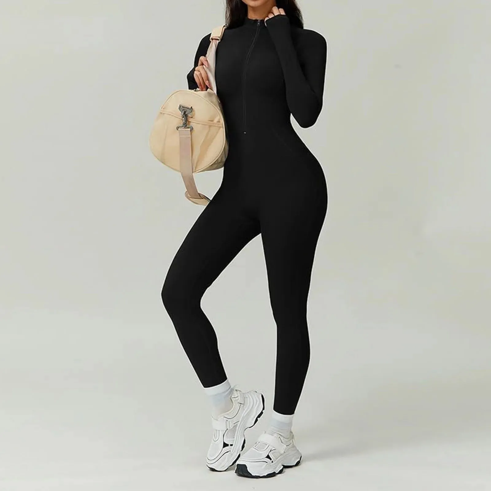 Black Slim Fleece Lined Women Bodysuit Autumn Winter Warm Long Sleeve Full Zip Turtleneck Tight Jumpsuit Sport Fitness Rompers