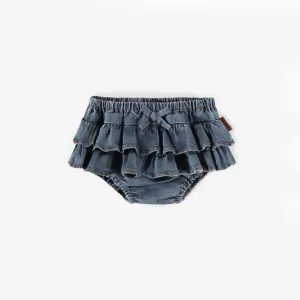 Bloomer bleu en denim extensible avec jupette, bébé || Blue stretch denim bloomer with skirt, baby