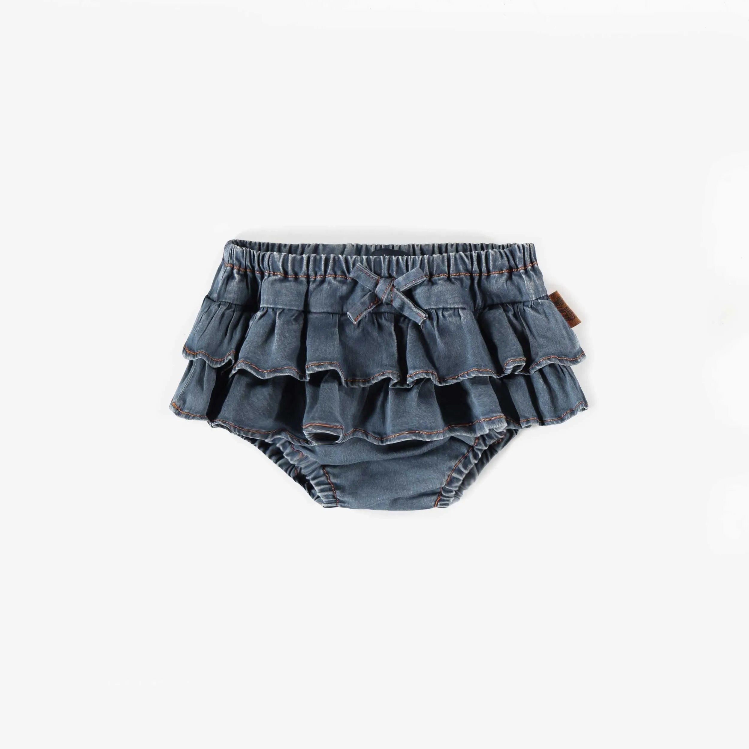 Bloomer bleu en denim extensible avec jupette, bébé || Blue stretch denim bloomer with skirt, baby