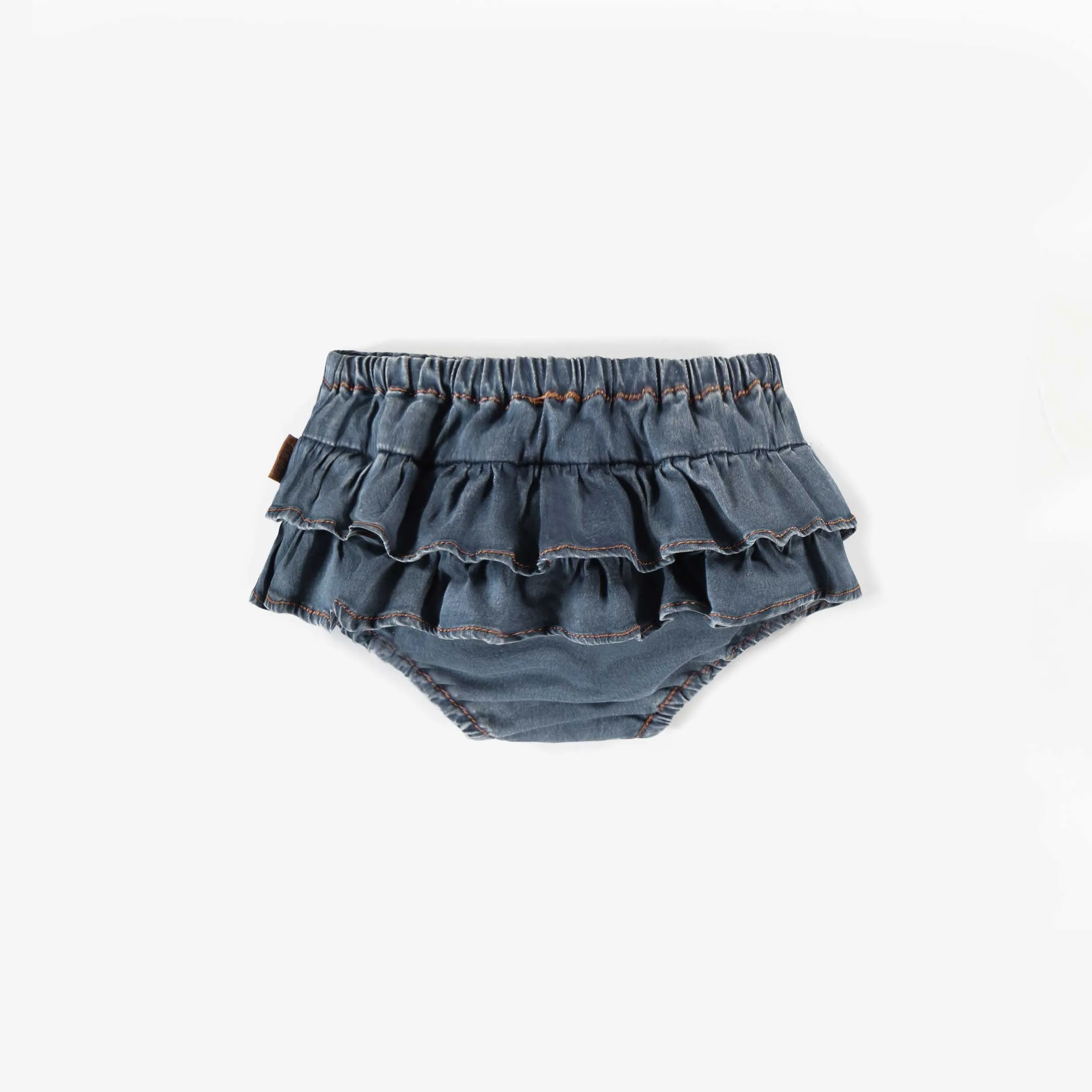 Bloomer bleu en denim extensible avec jupette, bébé || Blue stretch denim bloomer with skirt, baby