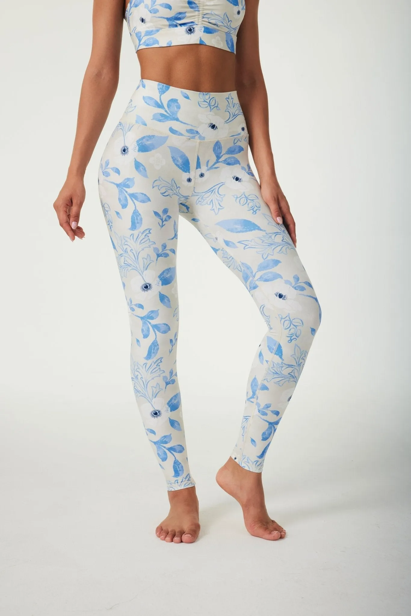 Blue Bloom High-Waisted Leggings – Women's Full Length Workout Tights with Soft Floral Print for Yoga & Fitness