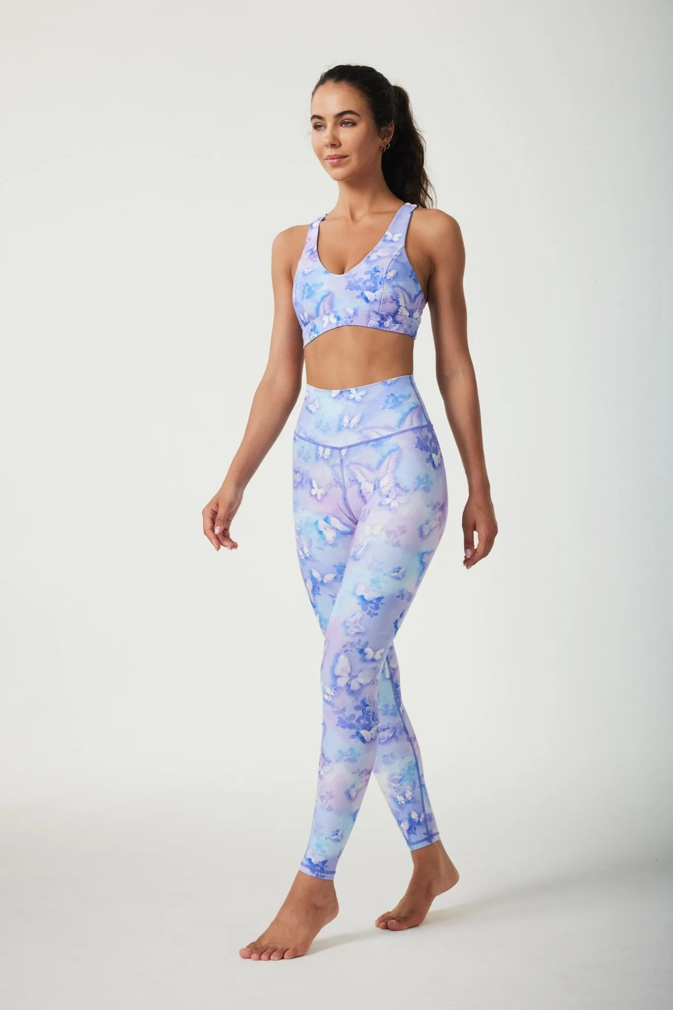 Blue Blossom High-Waisted Leggings – Women's Floral Print Workout Pants with 4-Way Stretch & Tummy Control