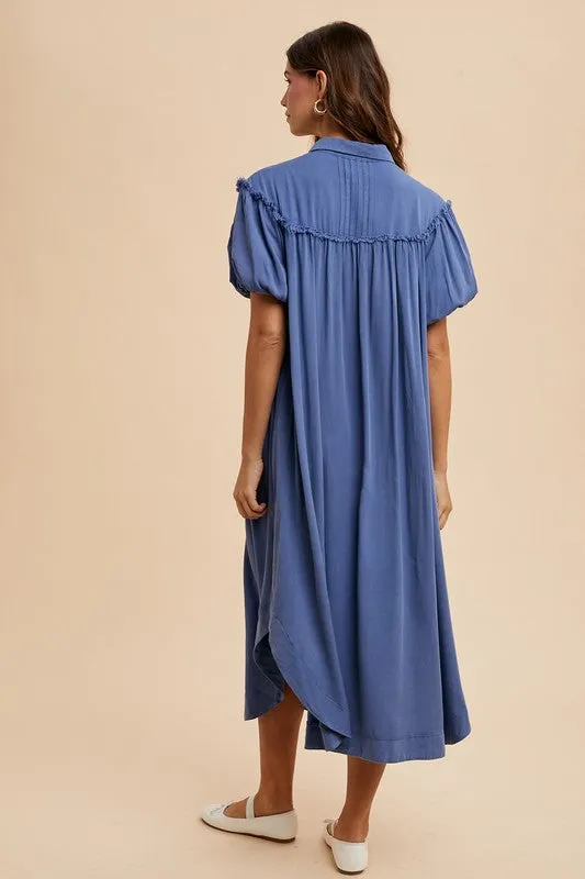 Blue Mineral Washed Button Down Puff Sleeve Shirt Dress