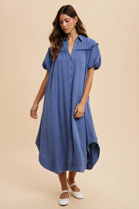 Blue Mineral Washed Button Down Puff Sleeve Shirt Dress