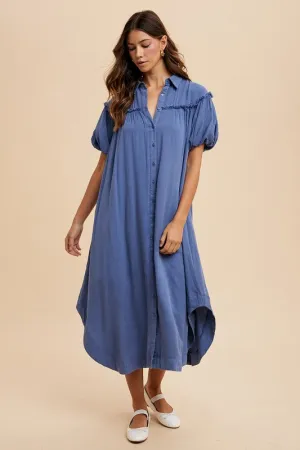 Blue Mineral Washed Button Down Puff Sleeve Shirt Dress