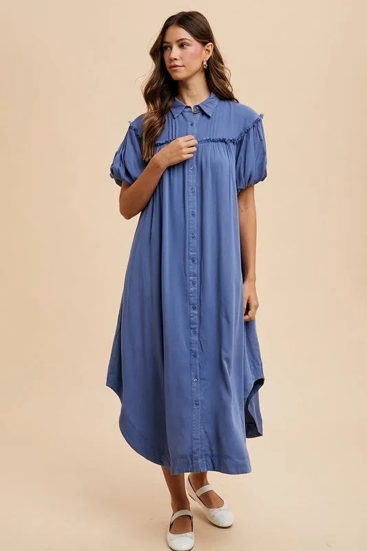 Blue Mineral Washed Button Down Puff Sleeve Shirt Dress