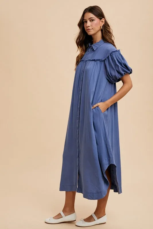 Blue Mineral Washed Button Down Puff Sleeve Shirt Dress
