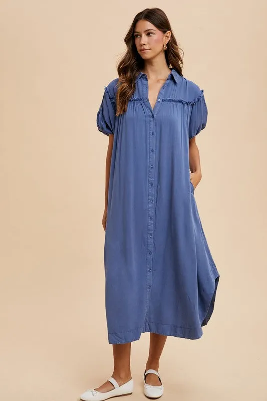 Blue Mineral Washed Button Down Puff Sleeve Shirt Dress