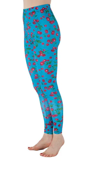 Blue Spandex Leggings With Cherries Print