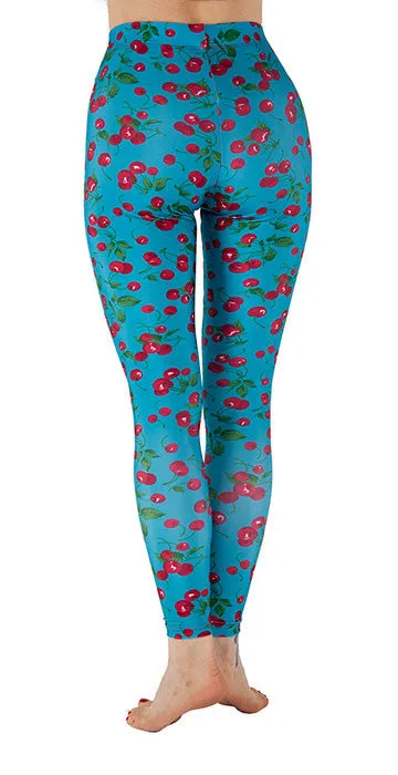 Blue Spandex Leggings With Cherries Print