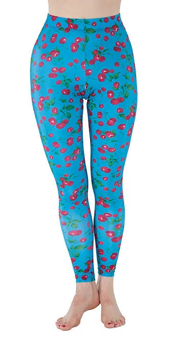 Blue Spandex Leggings With Cherries Print