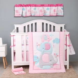 Boobeyeh 5-piece pink, elephant crib bedding set
