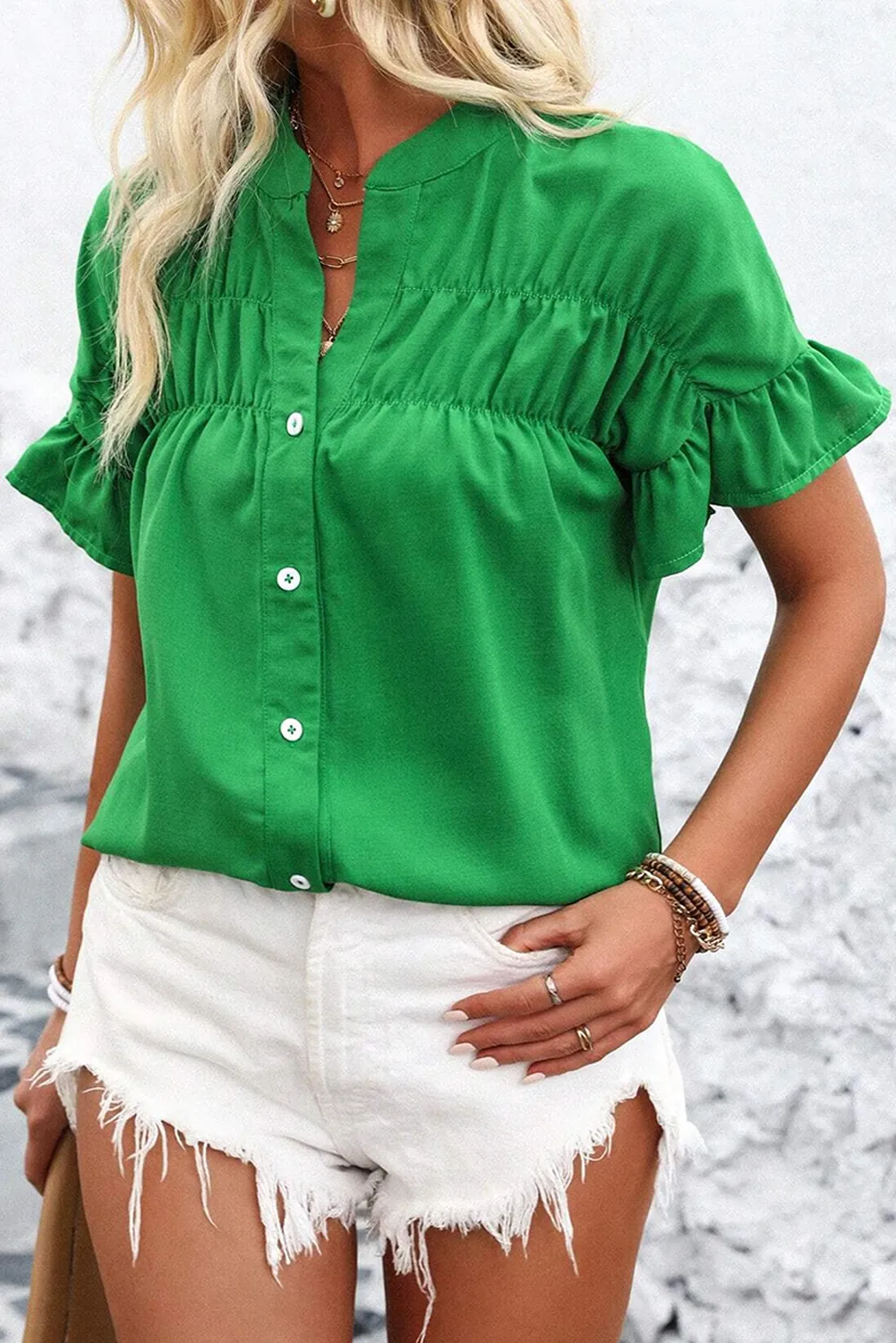 Bright Green Solid Color Ruffle Ruched Short Sleeve Buttoned Shirt