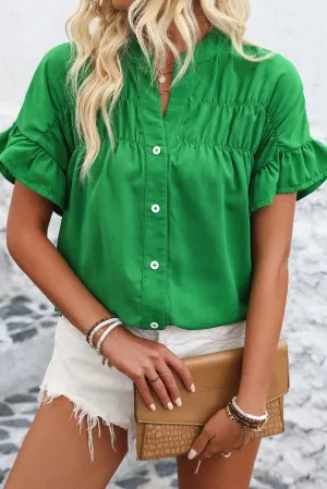 Bright Green Solid Color Ruffle Ruched Short Sleeve Buttoned Shirt