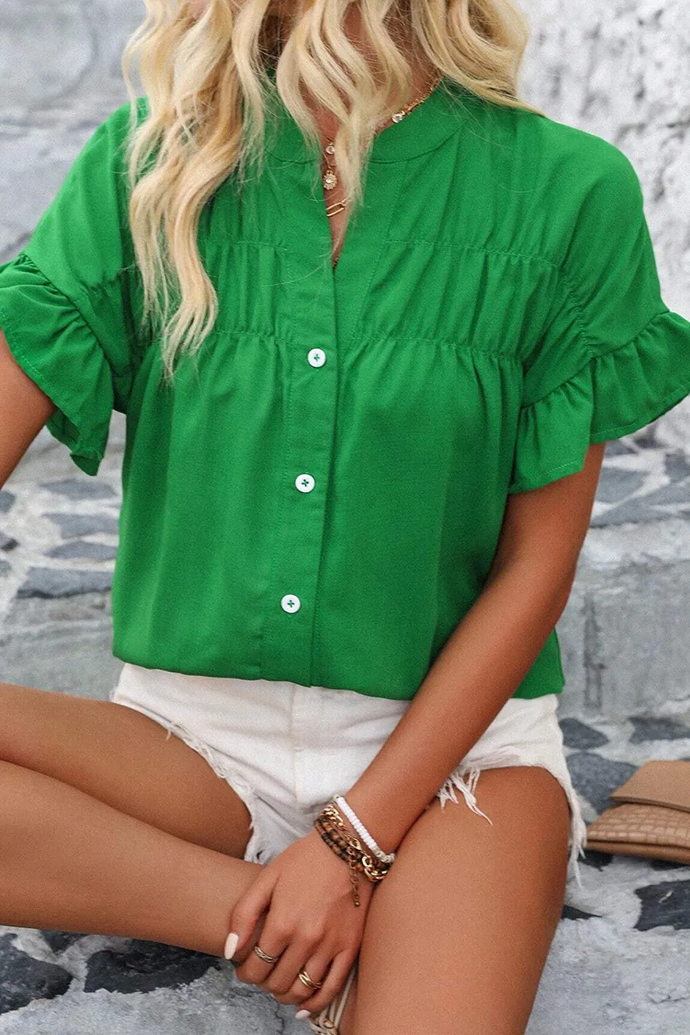 Bright Green Solid Color Ruffle Ruched Short Sleeve Buttoned Shirt