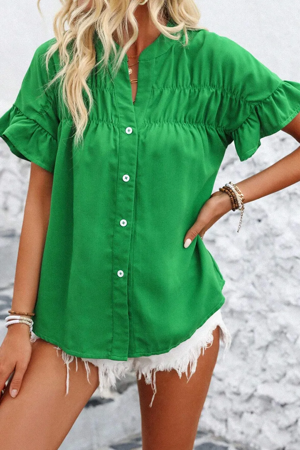 Bright Green Solid Color Ruffle Ruched Short Sleeve Buttoned Shirt