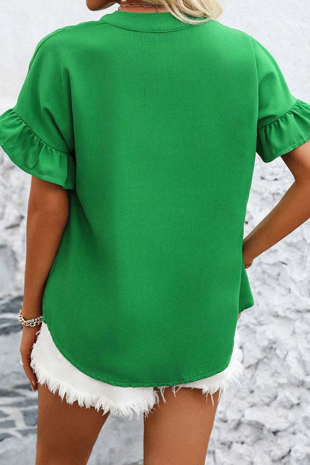 Bright Green Solid Color Ruffle Ruched Short Sleeve Buttoned Shirt