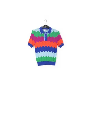Bright multicolored zigzag pattern knitted polo shirt
