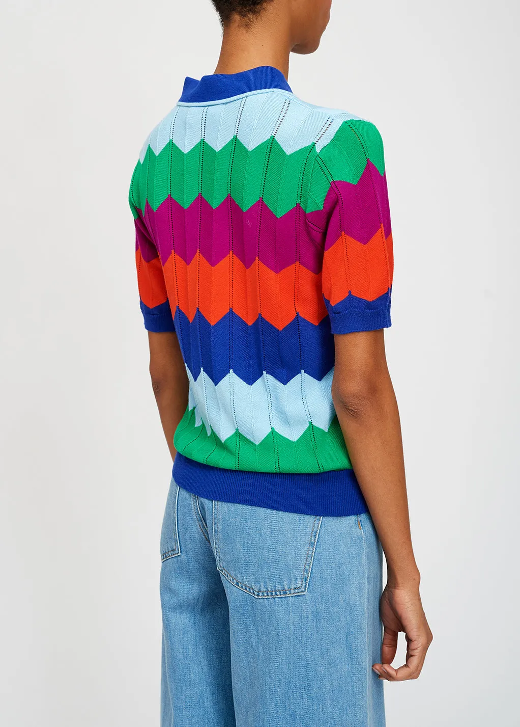 Bright multicolored zigzag pattern knitted polo shirt