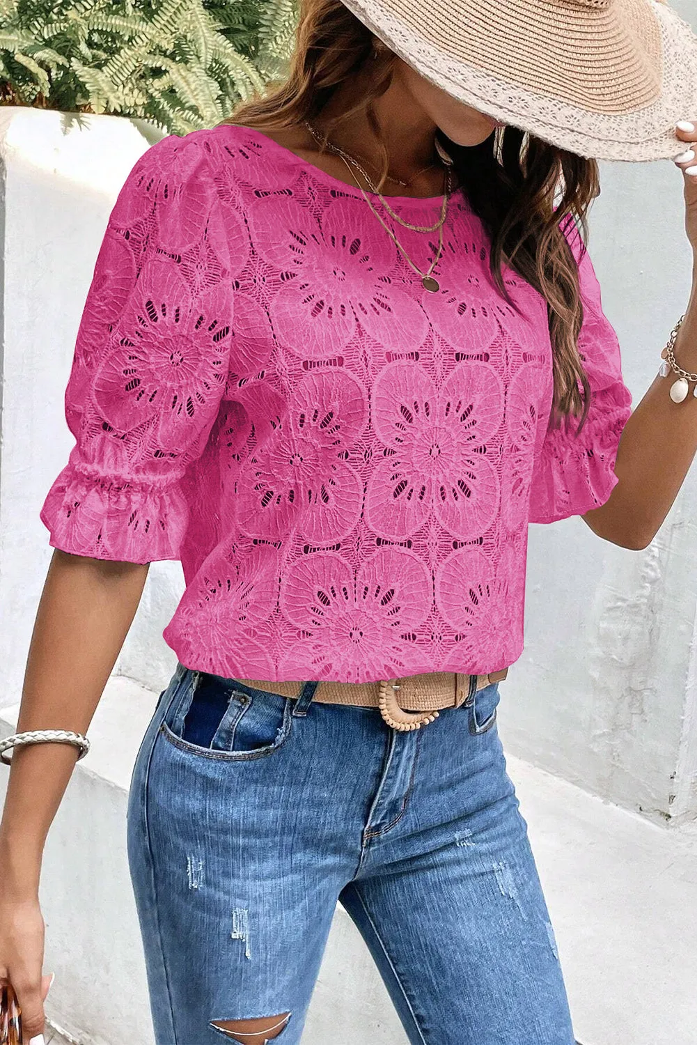 Bright Pink Flower Eyelet Jacquard Keyhole Flounce Sleeve Top