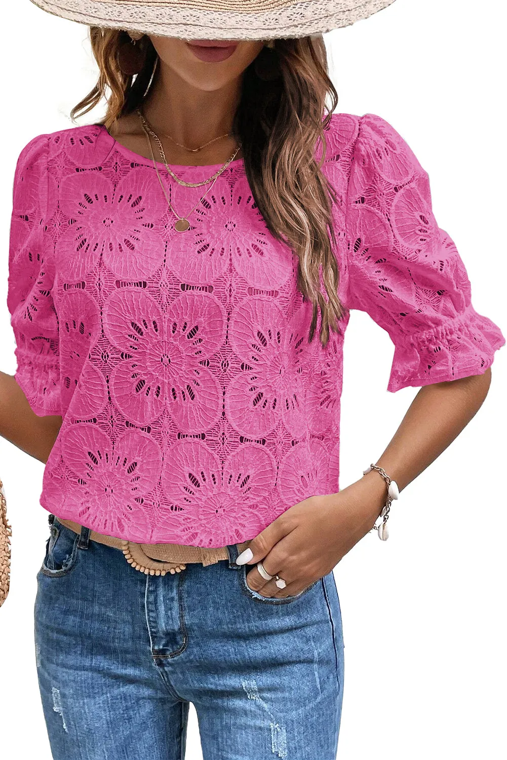 Bright Pink Flower Eyelet Jacquard Keyhole Flounce Sleeve Top