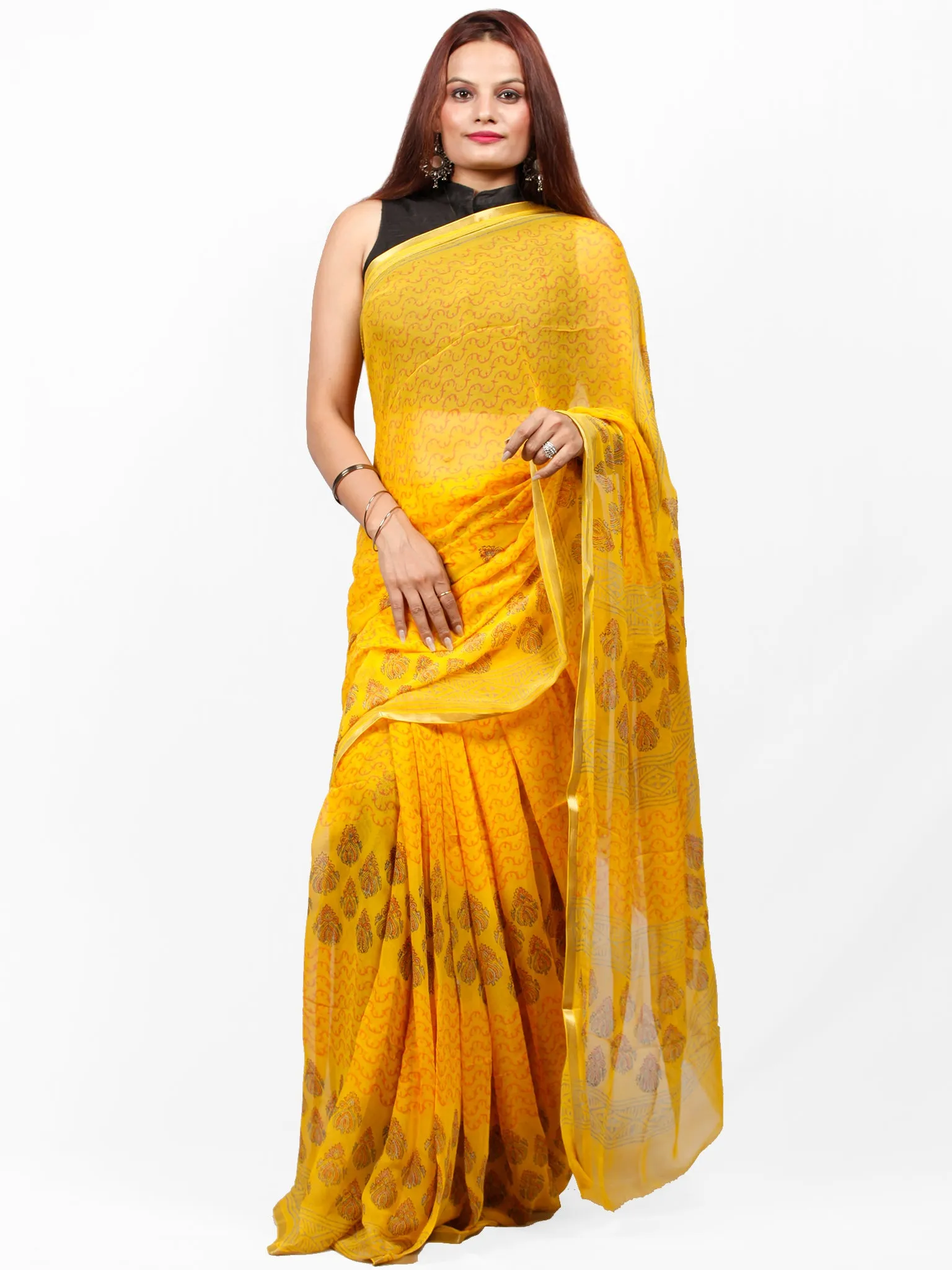 Bright Yellow Hand Block Printed Chiffon Saree with Zari Border - S031703417
